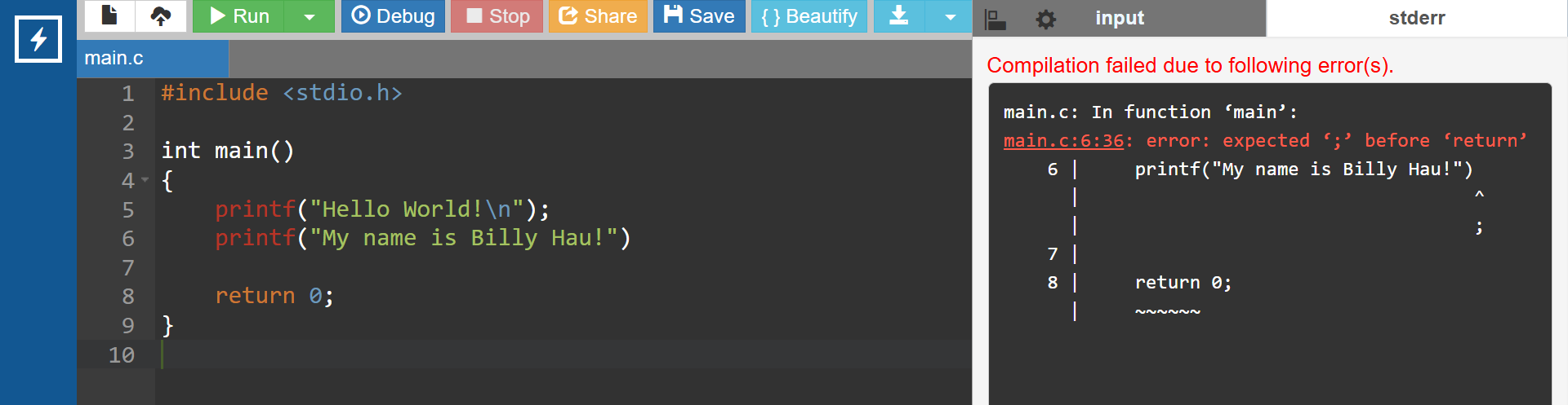 demo showing the console output for a semicolon error