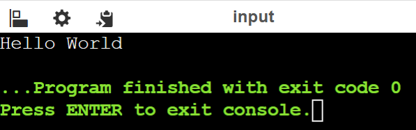 console output displaying Hello World
