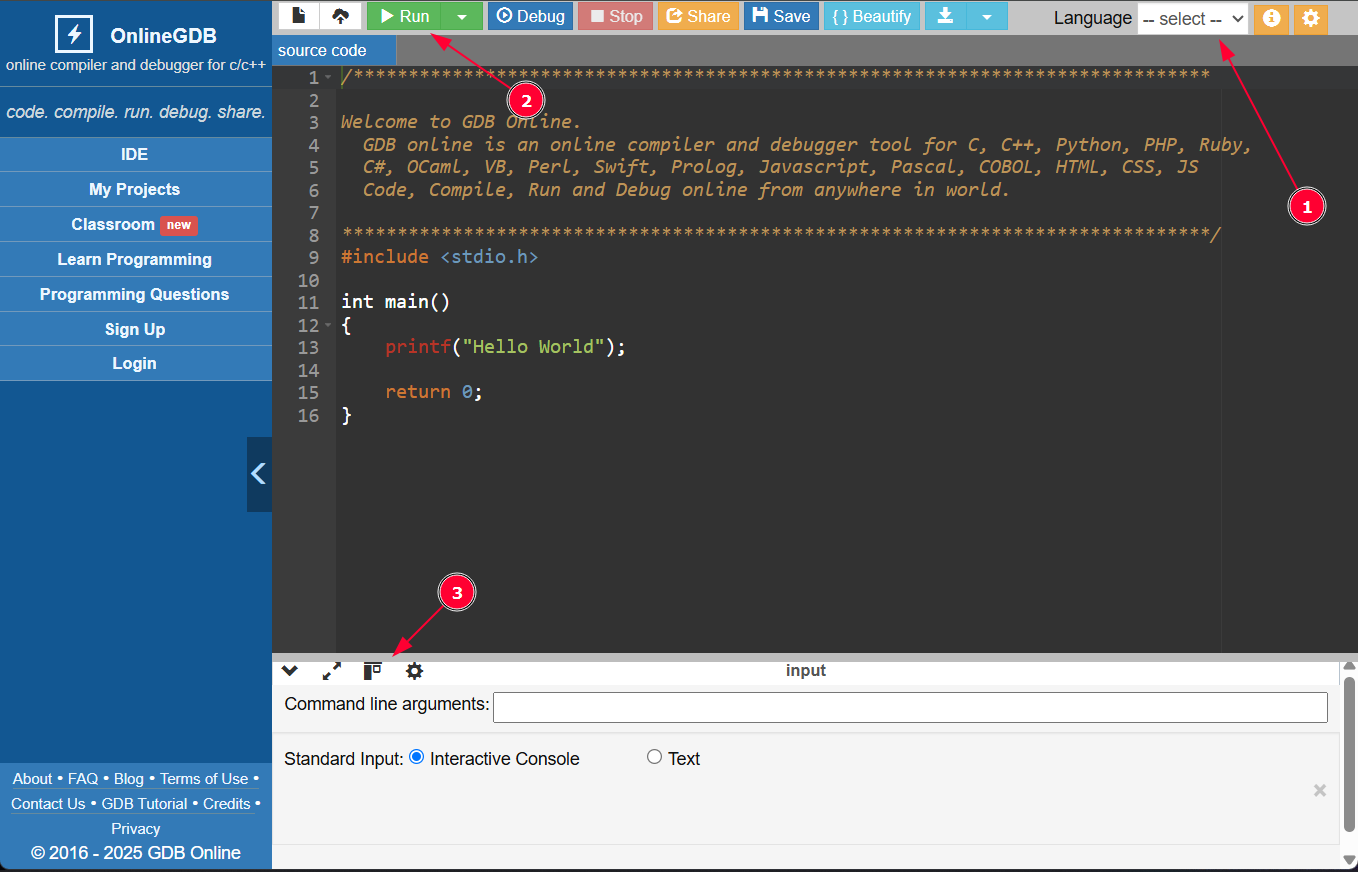 screenshot of onlinegdb with labels on how to change language, run and change terminal position